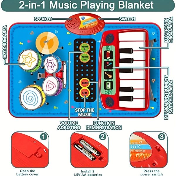 Musical Blanket Toddler Piano & Drum Mat with 2 Sticks - 2-in-1 Learning Floor Blanket for 1-3 Year Old Boys & Girls - Perfect Birthday Gift for Little Musicians