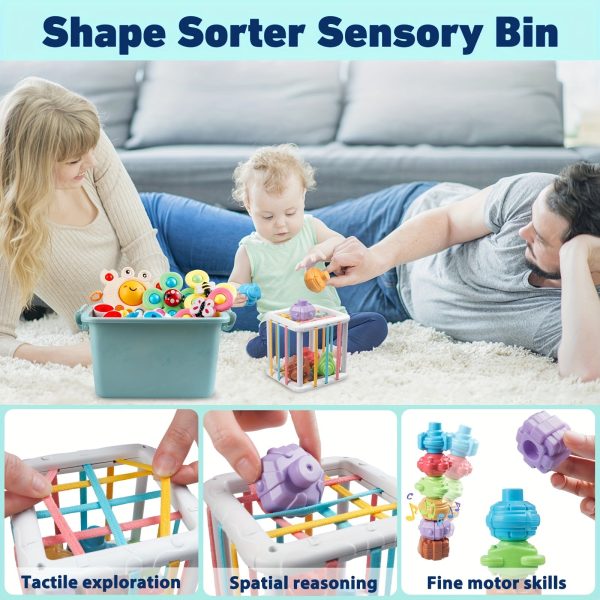 6 In 1 Baby Toys, Montessori Toy Soft Building Blocks Stacking Ring Infant Teething Toy Pull String Toy, Suction Cup Spinner Toy Eggs Color Matching Game Shape Sorter Sensory Bin