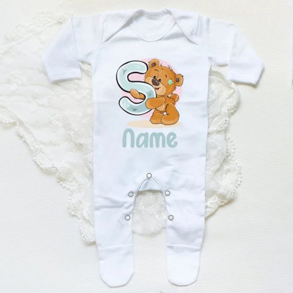 Personalised Baby Sleepsuit Cartoon Bear Letter Babygrow Sleepsuit Infant Coming Home Outfit Custom Name Romper Newbron Present