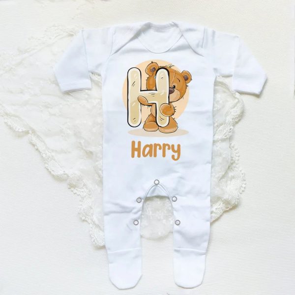 Personalised Baby Sleepsuit Cartoon Bear Letter Babygrow Sleepsuit Infant Coming Home Outfit Custom Name Romper Newbron Present