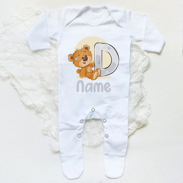 Personalised Baby Sleepsuit Cartoon Bear Letter Babygrow Sleepsuit Infant Coming Home Outfit Custom Name Romper Newbron Present