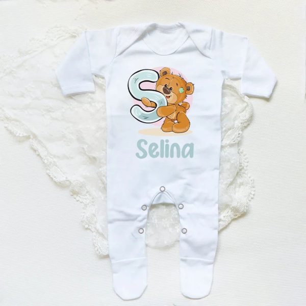Personalised Baby Sleepsuit Cartoon Bear Letter Babygrow Sleepsuit Infant Coming Home Outfit Custom Name Romper Newbron Present
