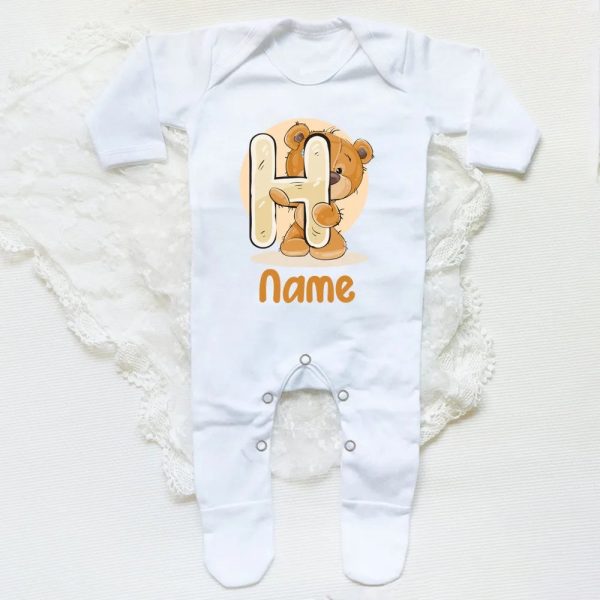 Personalised Baby Sleepsuit Cartoon Bear Letter Babygrow Sleepsuit Infant Coming Home Outfit Custom Name Romper Newbron Present