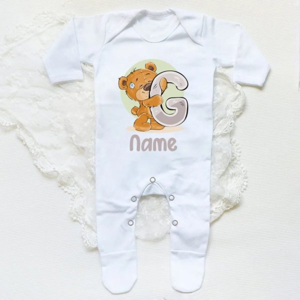 Personalised Baby Sleepsuit Cartoon Bear Letter Babygrow Sleepsuit Infant Coming Home Outfit Custom Name Romper Newbron Present