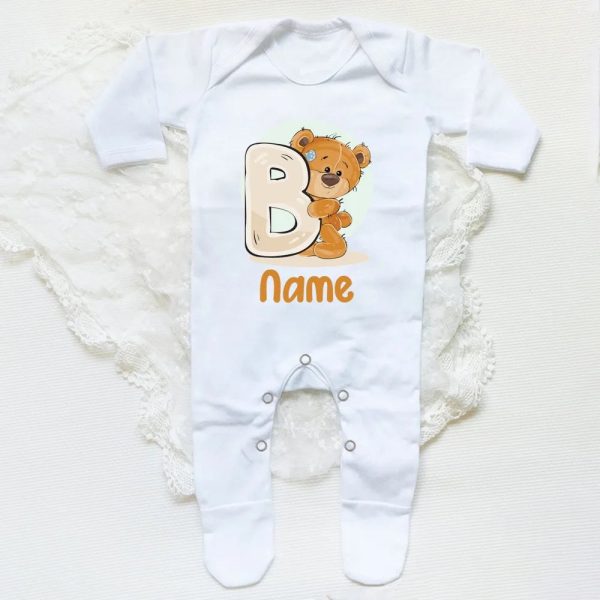Personalised Baby Sleepsuit Cartoon Bear Letter Babygrow Sleepsuit Infant Coming Home Outfit Custom Name Romper Newbron Present