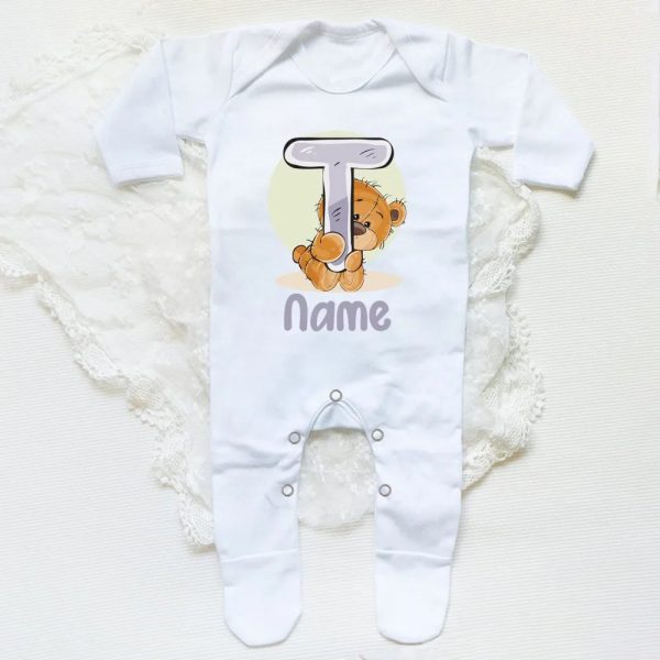 Personalised Baby Sleepsuit Cartoon Bear Letter Babygrow Sleepsuit Infant Coming Home Outfit Custom Name Romper Newbron Present