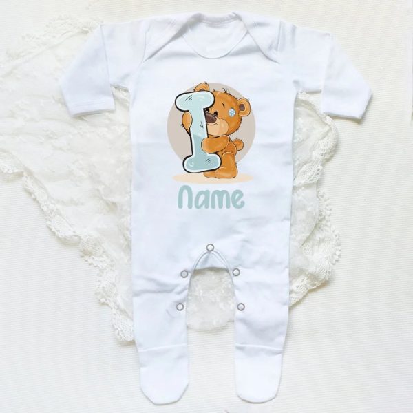 Personalised Baby Sleepsuit Cartoon Bear Letter Babygrow Sleepsuit Infant Coming Home Outfit Custom Name Romper Newbron Present