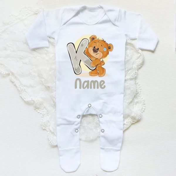 Personalised Baby Sleepsuit Cartoon Bear Letter Babygrow Sleepsuit Infant Coming Home Outfit Custom Name Romper Newbron Present