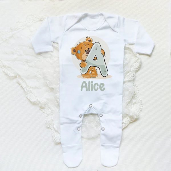 Personalised Baby Sleepsuit Cartoon Bear Letter Babygrow Sleepsuit Infant Coming Home Outfit Custom Name Romper Newbron Present
