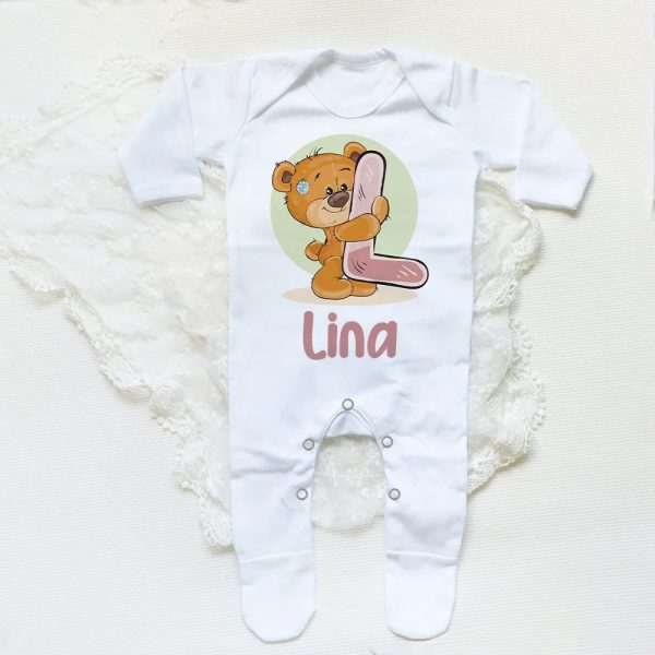 Personalised Baby Sleepsuit Cartoon Bear Letter Babygrow Sleepsuit Infant Coming Home Outfit Custom Name Romper Newbron Present