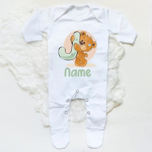Personalised Baby Sleepsuit Cartoon Bear Letter Babygrow Sleepsuit Infant Coming Home Outfit Custom Name Romper Newbron Present