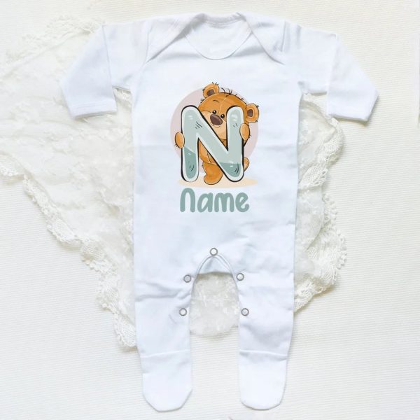 Personalised Baby Sleepsuit Cartoon Bear Letter Babygrow Sleepsuit Infant Coming Home Outfit Custom Name Romper Newbron Present